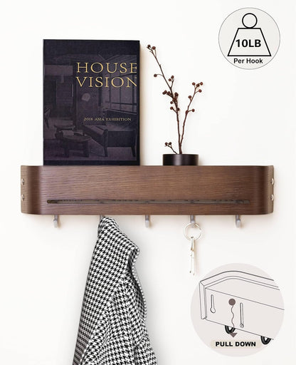 Key Holder Wall Mount with Shelf | 17 inch | Oak | 5 Retractable Hooks | Minimalist | Space-Saving | Modern Wall Coat Hooks | Wooden Key Rack for Entryway & Hallway