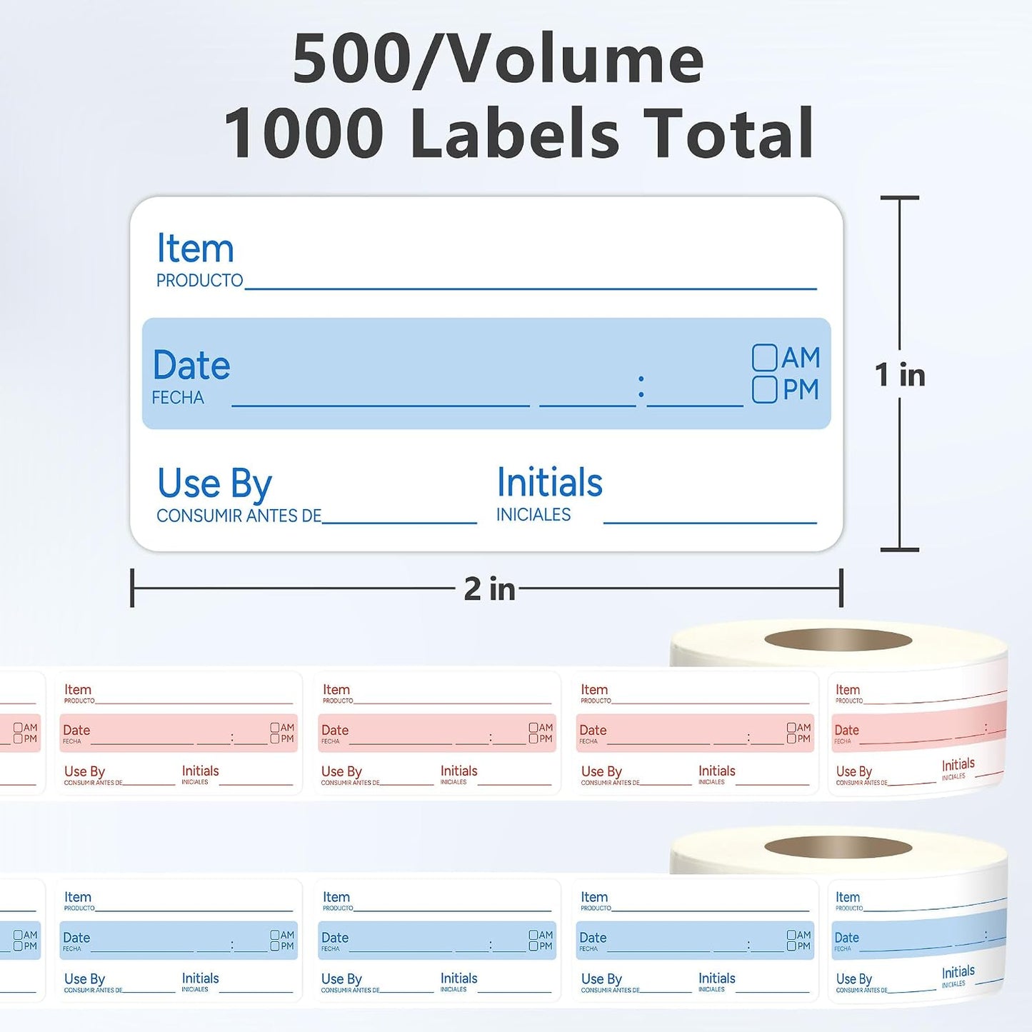 2 Rolls 1000 Pcs 1 X 2 inch Removable Food Date Sticker Labels, Easy to Write for Freezer, Refrigerator Food Containers Date Sticker, Leftover Labels (Blue-Red-US)