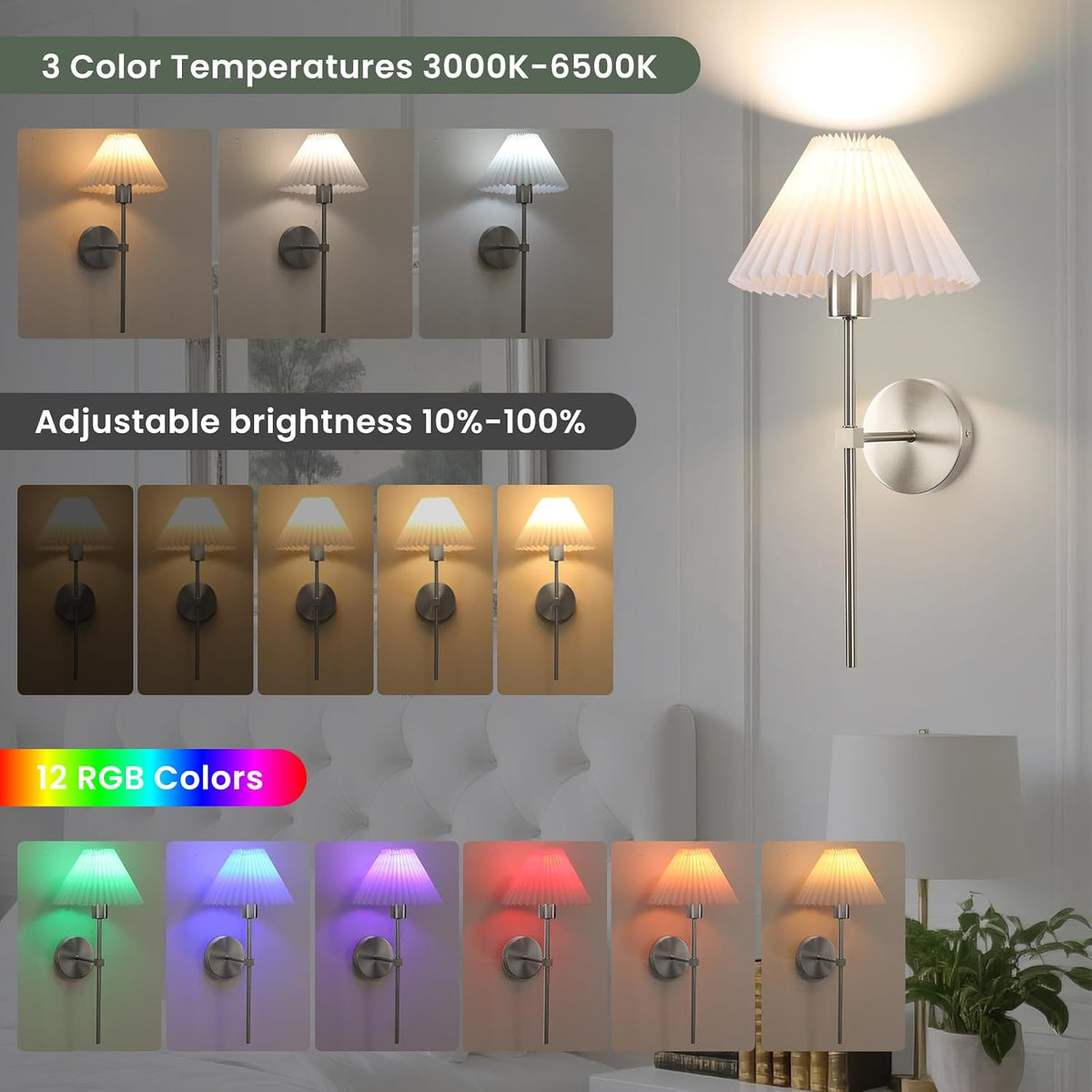 Rechargeable Battery Operated Wall Sconce Sets of 2, 15 Colors Wireless gooseneck Black Wall Lights Fixture with Dimmable Bulbs and Remote, Not Hardwired Wall Mounted Lamps for Bedroom Living Room