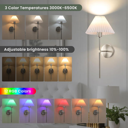 Rechargeable Battery Operated Wall Sconce Sets of 2, 15 Colors Wireless gooseneck Black Wall Lights Fixture with Dimmable Bulbs and Remote, Not Hardwired Wall Mounted Lamps for Bedroom Living Room