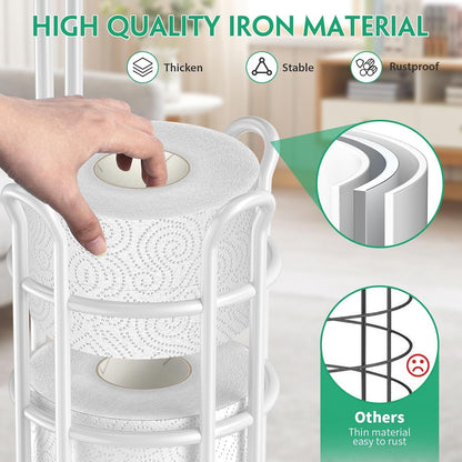 TomCare Toilet Paper Holder Free Standing with Shelf, Stable 4 Raised Feet | Stores 4 Mega Rolls, Tool-Free Assembly, Powder-Coated Metal Frame, Bathroom Storage Organizer for Spare Rolls, Silver