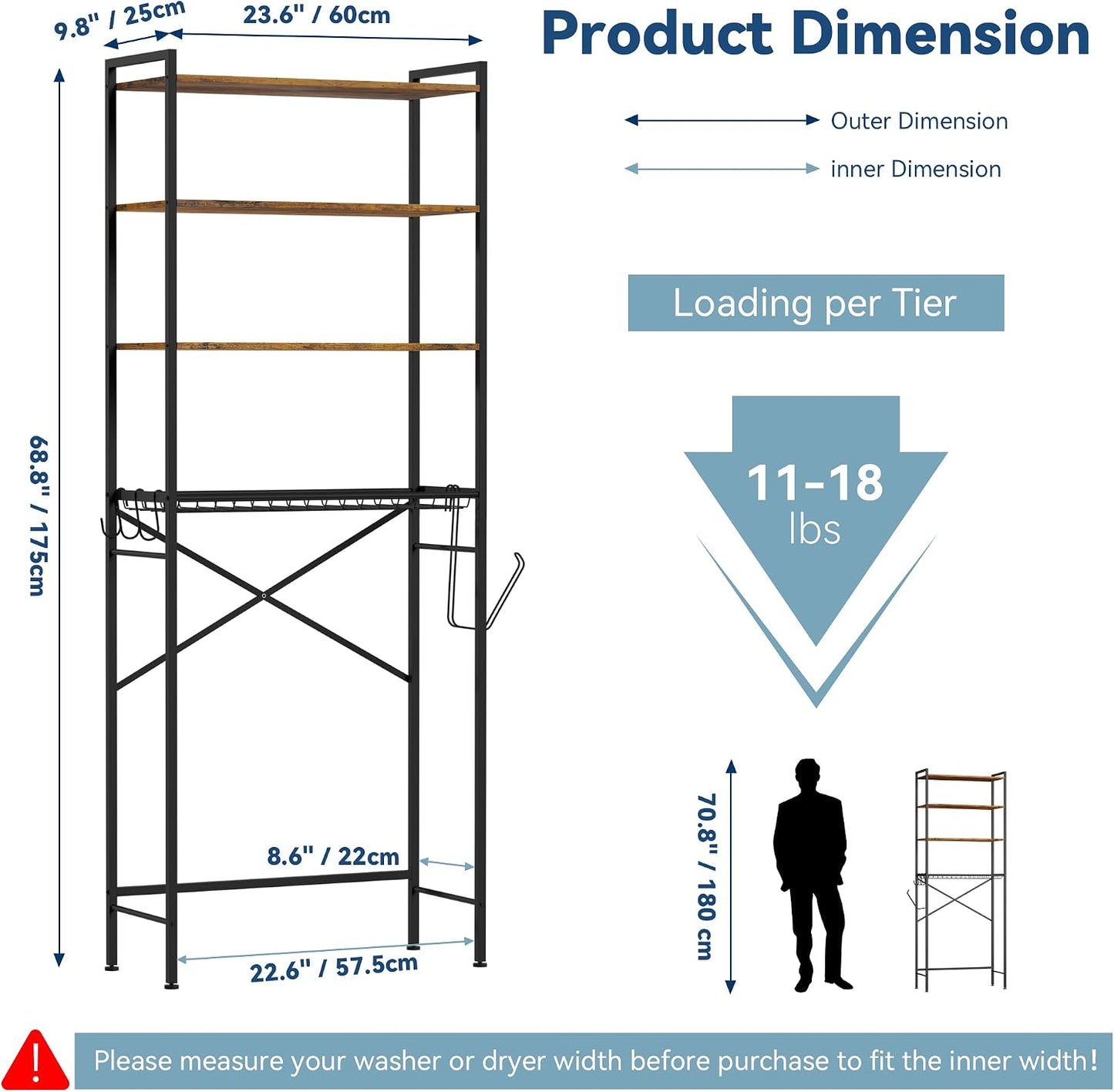 Laundry Room Storage Shelf & Organizer, 2 Tier Metal Over Washer and Dryer Shelves, Washing Machine Shelf with Hanger Rod, Expandable Bathroom Space Saver Shelf, 26–37" L x 15.8" W x 59.5" H, Black