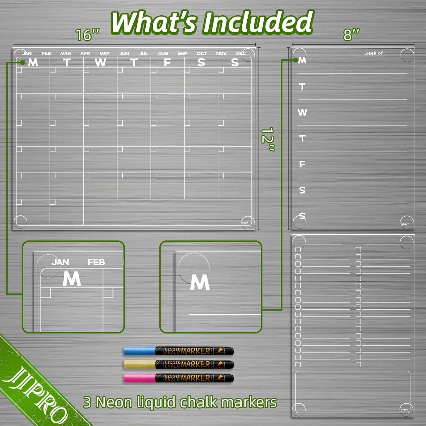 JJPRO Non-Magnetic Dry Erase Monthly Calendar, Clear Weekly Meal Board for Fridge -Starts Sunday,12"x16" Reusable Weekly Planner Stick to Fridge,Wall, All Smooth Surfaces