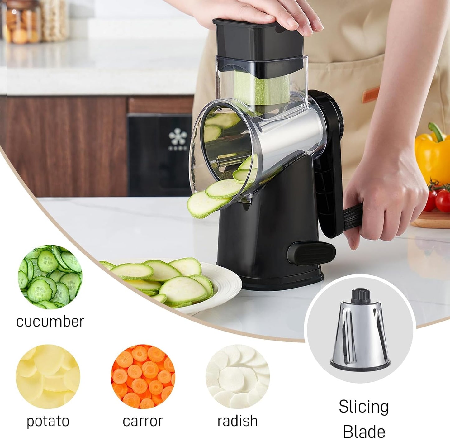 Weltonhm 4 in 1 Large Rotary Cheese Grater Hand Crank (black, 3 Graters) | Cheese Shredder Rotary and Slicer with 4 Stainless Steel Blades for Vegetables, Veggie and Cheese, Stronger Suction Base