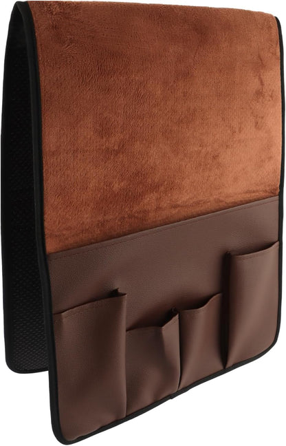 Anti-Slip PU Leather Velvet Sofa Couch Chair Armrest Soft Caddy Organizer Holder with 5 Pockets for Phone, Book, Magazines, TV Remote Control - Draped Over Sofa, Couch, Recliner Armrest (Brown)