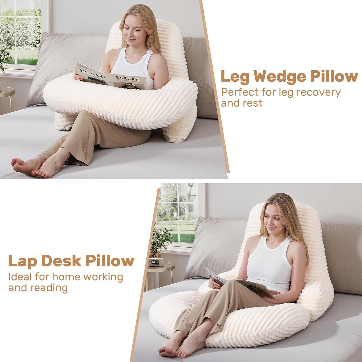 Reading Pillow for Bed, Backrest Pillow with Arms for Adult | Bed Pillow for Sitting Up, Back Support Pillows for Sleeping, Reading and Gaming with Shredded Memory Foam, Gray