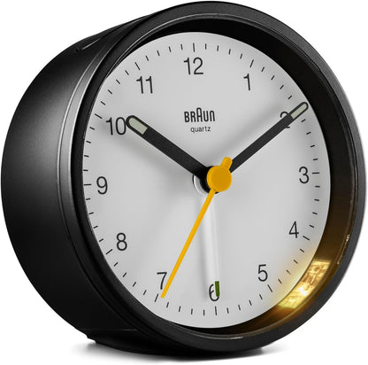 Braun Classic Analogue Alarm Clock with Snooze and Light, Quiet Quartz Movement, Crescendo Beep Alarm in White, Model BC12W.