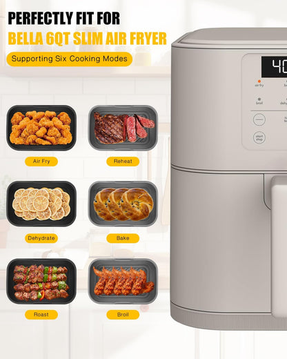 Collapsible Air Fryer Silicone Liners 2-Pack for Bella 4Qt Slim Air Fryer | (3.3lb Capacity), Reusable Airfryer Silicone Pot Rectangle,Nonstick Baking Basket Insert for Air Frier Accessories,Gray+Black