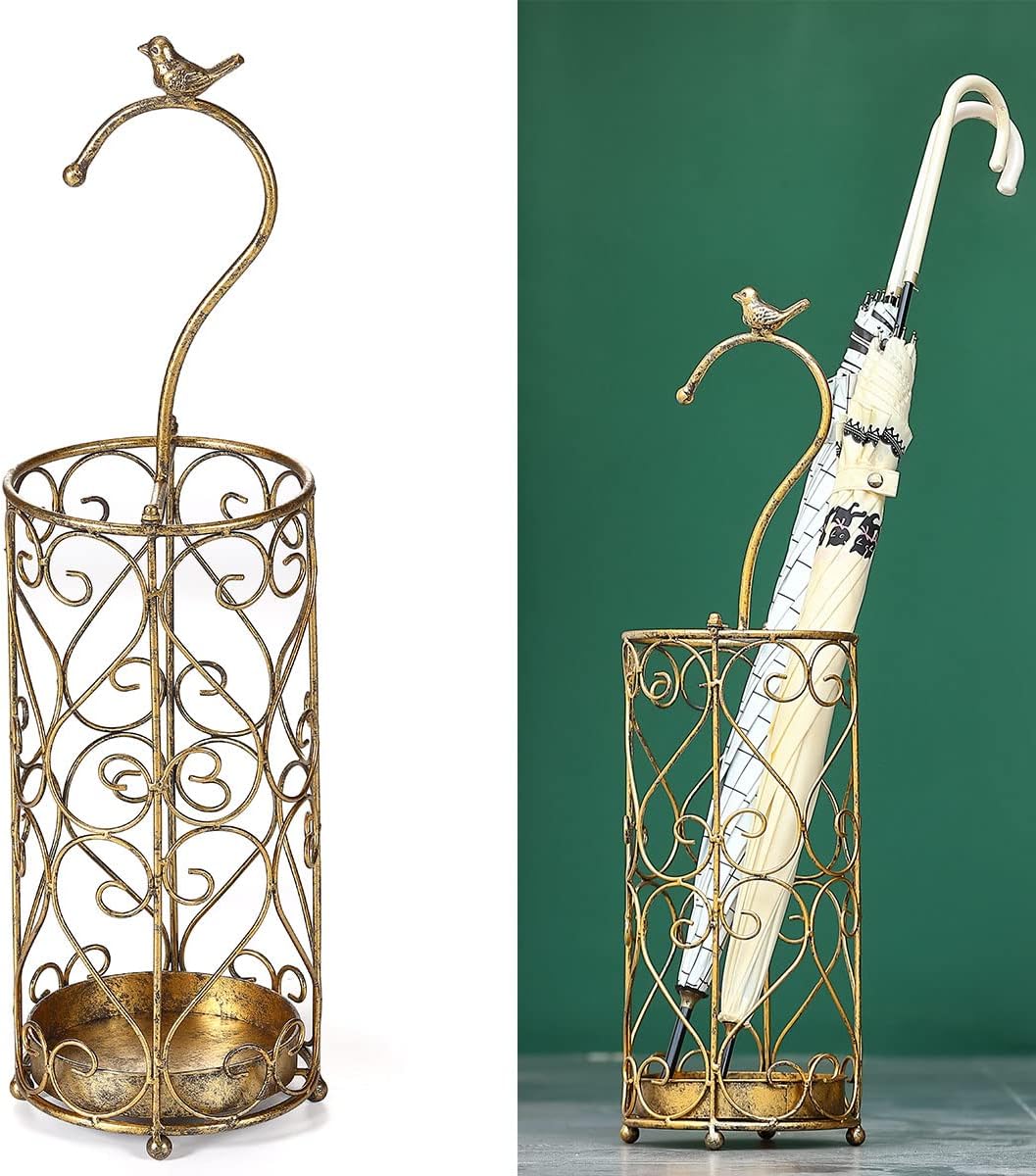 Umbrella Rack Stand,Umbrella Rack for Entryway,Canes Walking Sticks,Cast Iron Bird Handle and Drip Tray (Antique Gold) | Place cat wands or pet toys,Cast Iron Bird Handle And Drip Tray (Antique Gold)