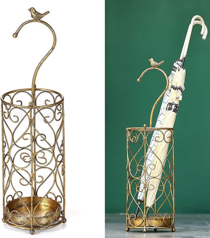 Umbrella Rack Stand,Umbrella Rack for Entryway,Canes Walking Sticks,Cast Iron Bird Handle and Drip Tray (Antique Gold) | Place cat wands or pet toys,Cast Iron Bird Handle And Drip Tray (Antique Gold)
