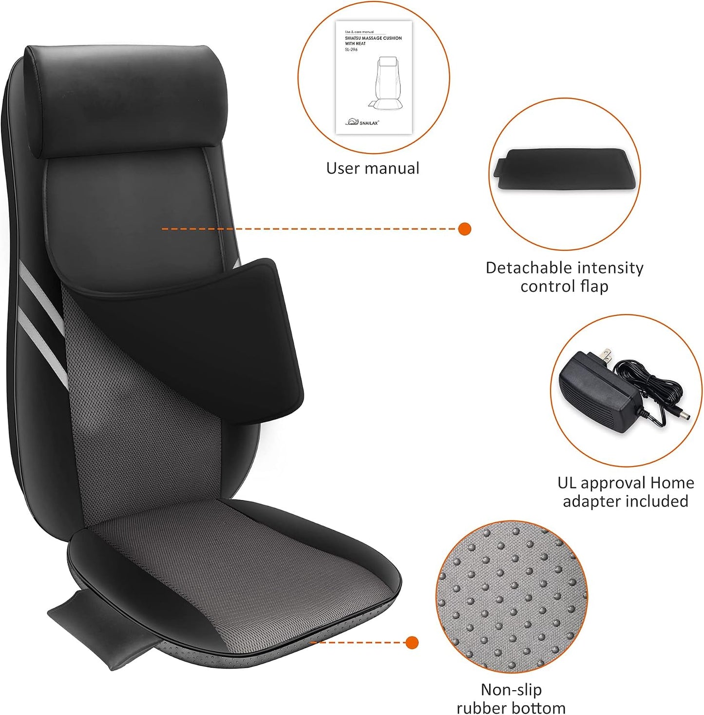 Snailax Shiatsu Back Massager with Heat, Deep Kneading Massage Chair Pad for Neck, Shoulders, Full Back & Waist, Adjustable Roller Massage Seat Cushion for Home Office, Pain Relief, Gift for Men Women