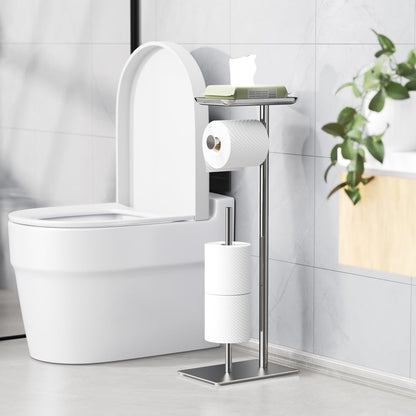 Toilet Paper Holder Stand with Top Storage Shelf | Free Standing Toilet Roll Dispenser for Bathroom, Holds 4 Reserve Rolls, Silver