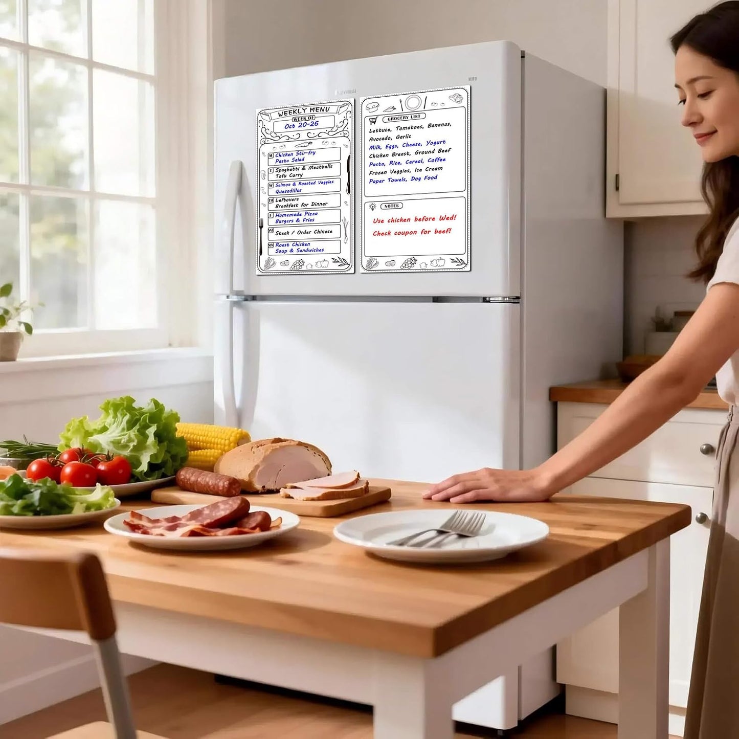Magnetic Weekly Menu Planner for Fridge: 2 PCS 8x14 Inch Dry Erase Boards with Meal Plan and Grocery List, Dinner Calendar Magnets for Family Kitchen