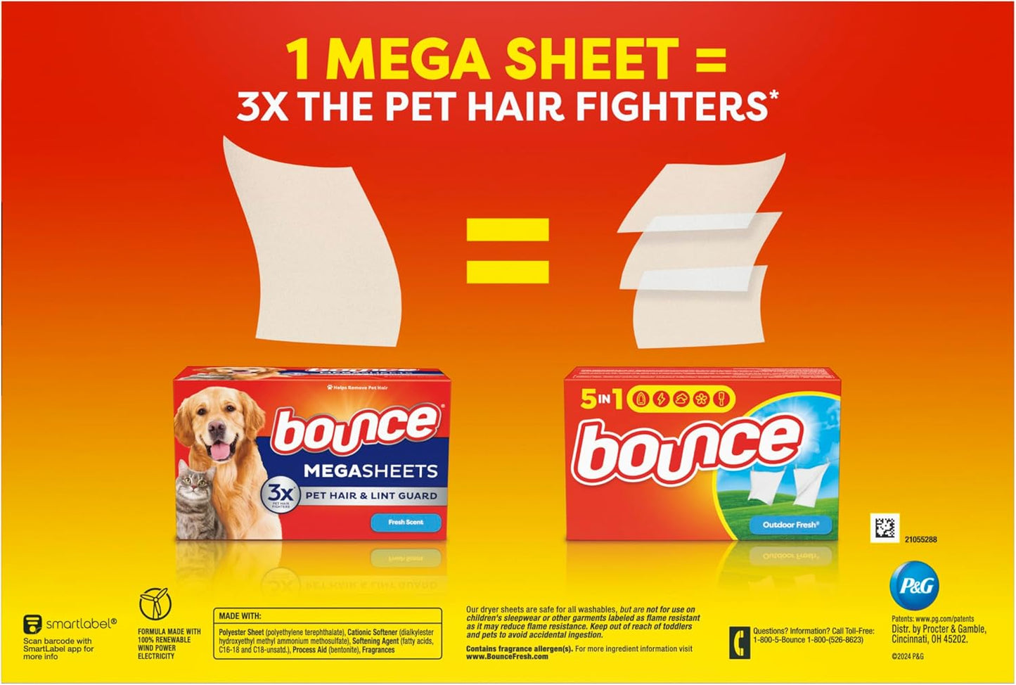 Bounce Pet Hair and Lint Guard Mega Dryer Sheets with 3X Pet Hair Fighters, Fresh Scent, 180 Count