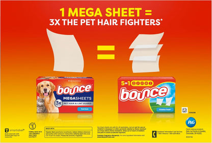 Bounce Pet Hair and Lint Guard Mega Dryer Sheets with 3X Pet Hair Fighters, Fresh Scent, 180 Count