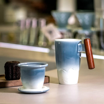 suyika Ceramic Tea Cup with Infuser and Lid Tea Mugs Wooden Handle 400ml/13.5oz Dark Green