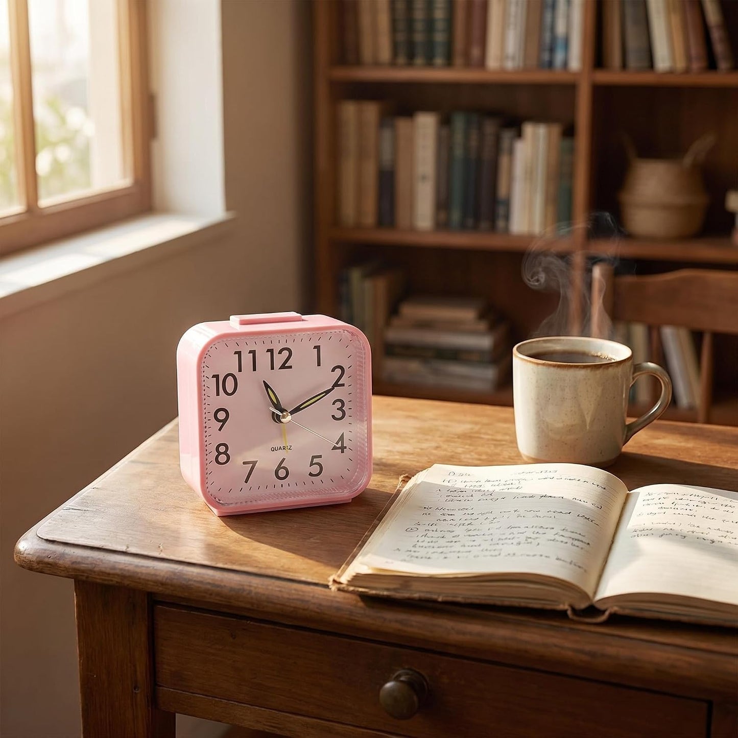 Small Analog Alarm Clock Battery Operated with Warm Glow Nightlight, Silent Non-Ticking Quartz Desk Clock, Easy-to-Read Dial, Battery Powered Travel Table Clock for Bedroom, Students, Office（Pink)