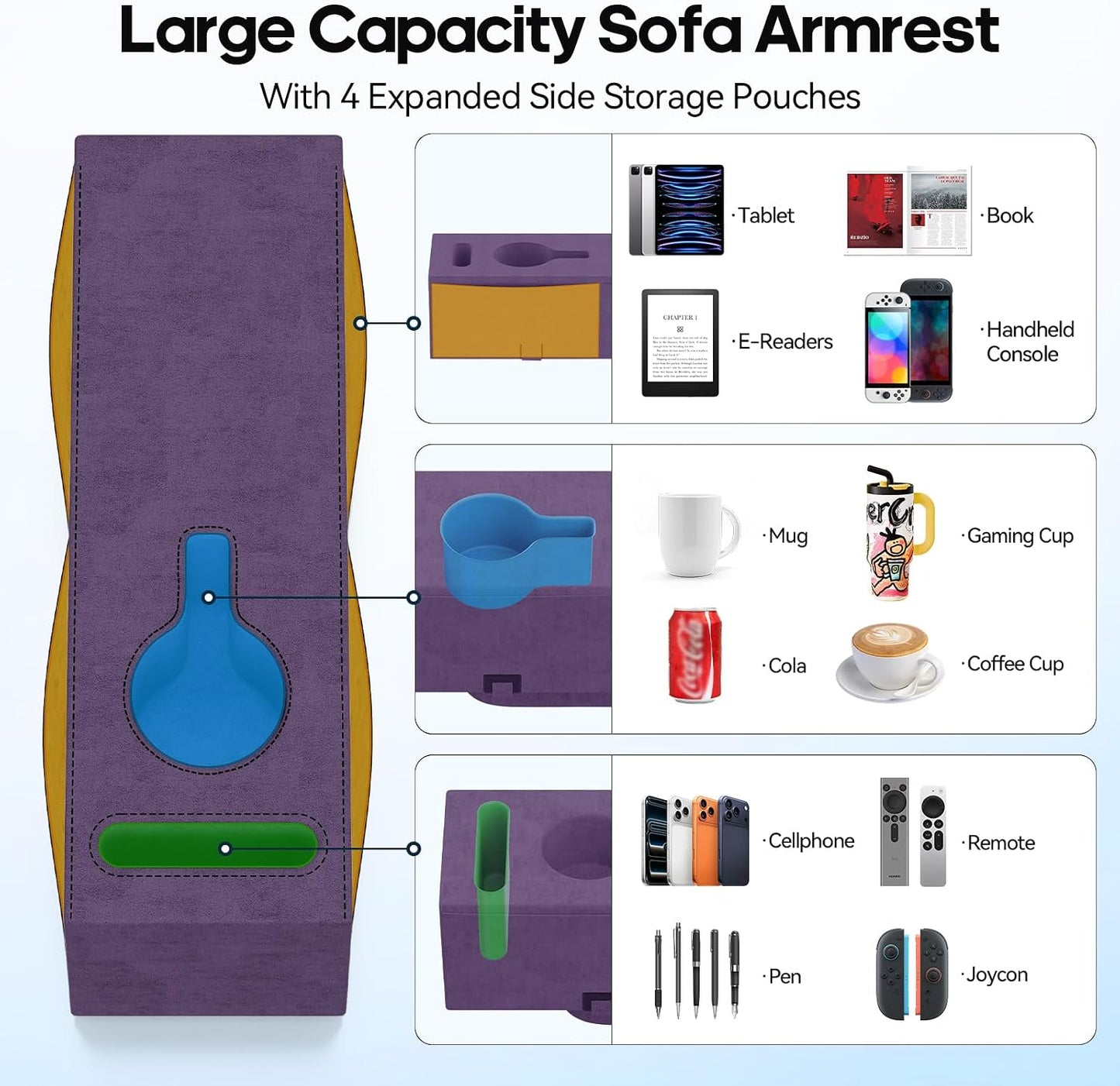 Removable Sofa Armrest Couch Caddy with Cup Holder Insert Between Cushions | Sofa Accessories Storage, Couch Armrest Pillow Table with Drink Holder