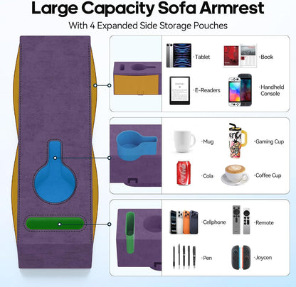 Removable Sofa Armrest Couch Caddy with Cup Holder Insert Between Cushions | Sofa Accessories Storage, Couch Armrest Pillow Table with Drink Holder