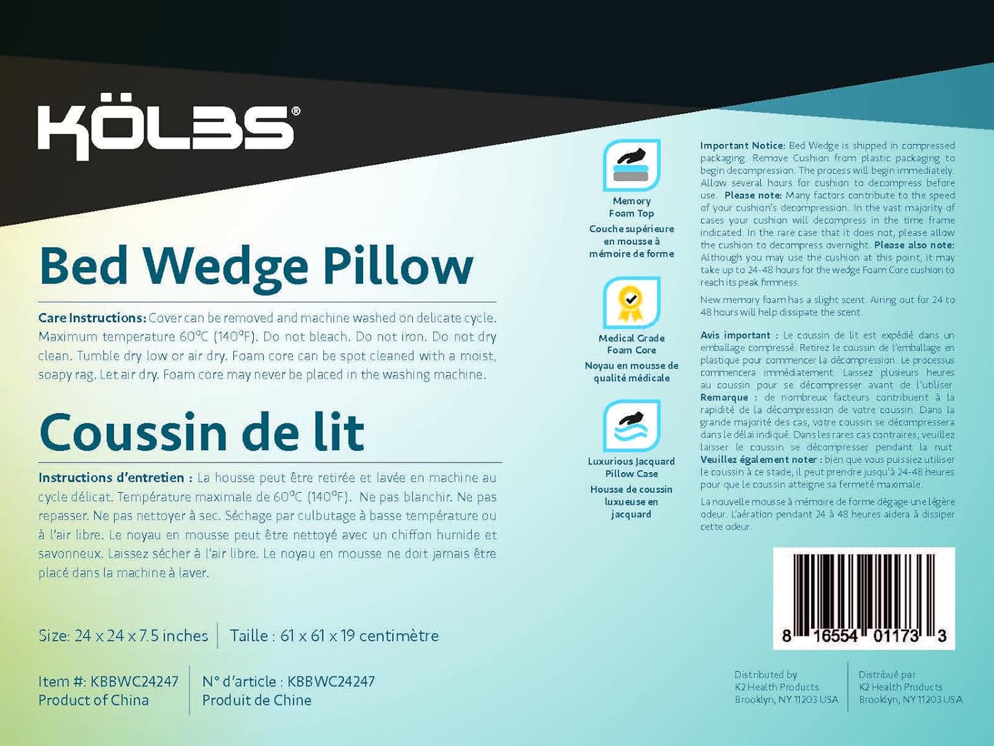 Kolbs Leg Elevation Pillow for After Surgery | Flat Top Bed Wedge Bolster Pillow for Legs | Foot, Knee, Ankle Elevation Post Surgery (Flat Top 7" Height)
