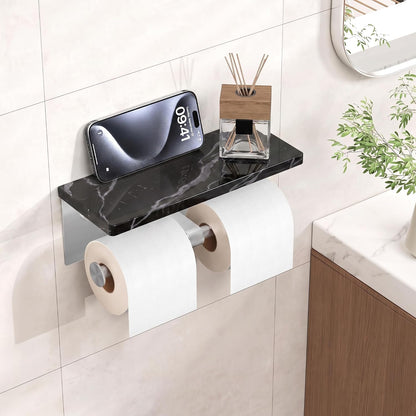 FORIOUS Toilet Paper Holder with Shelf, Commercial Toilet Paper Dispensers | Brushed Nickel | Wall Mount Bathroom Tissue Holder | SUS304 Stainless Steel Rustproof | Double Tissue Roll Holder