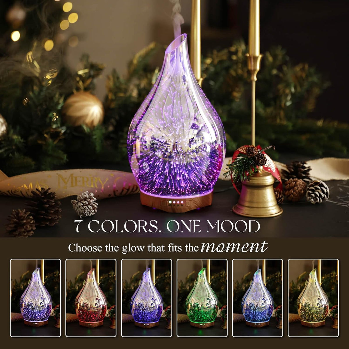 Porseme 280ml Remote Essential Oil Diffuser 3D Glass Ultrasonic Mist 7H