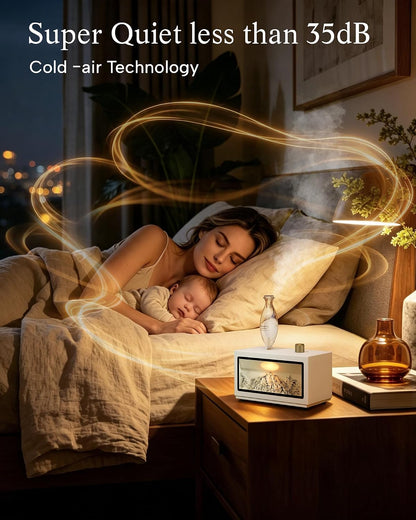 Waterless Oil Diffuser with Wood Base, Tempered Glass Bulb, 3 Color Light