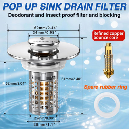 Bathroom Sink Drain Strainer, Pop-up Sink Drain Strainer with Removable Stainless Steel Strainer Basket Hair Catcher, Bathroom Sink Strainer for Bathroom Sink Stopper Replacement(1PCS)