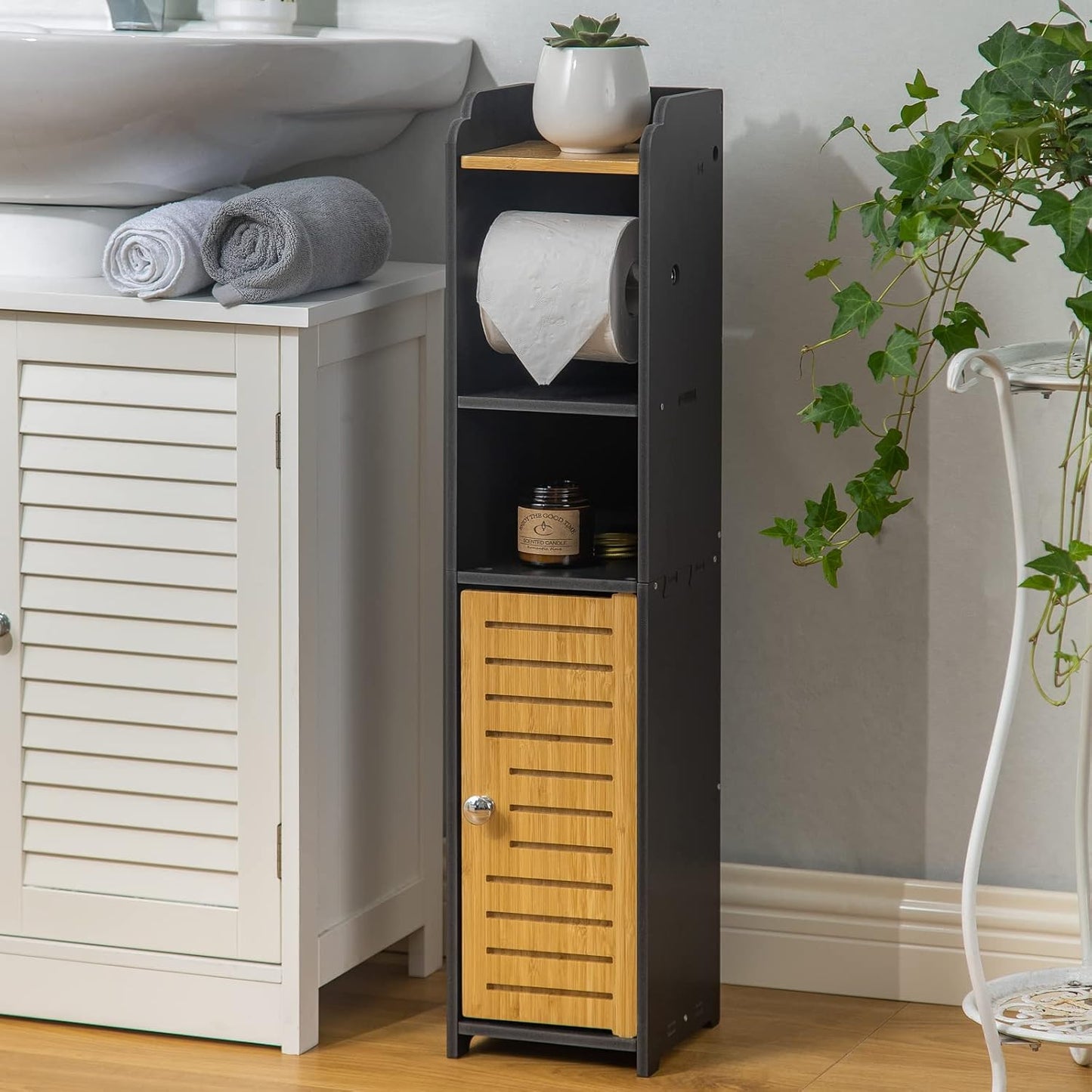 AOJEZOR Toilet Paper Holder Stand: Small Space Bathroom Storage for Renters