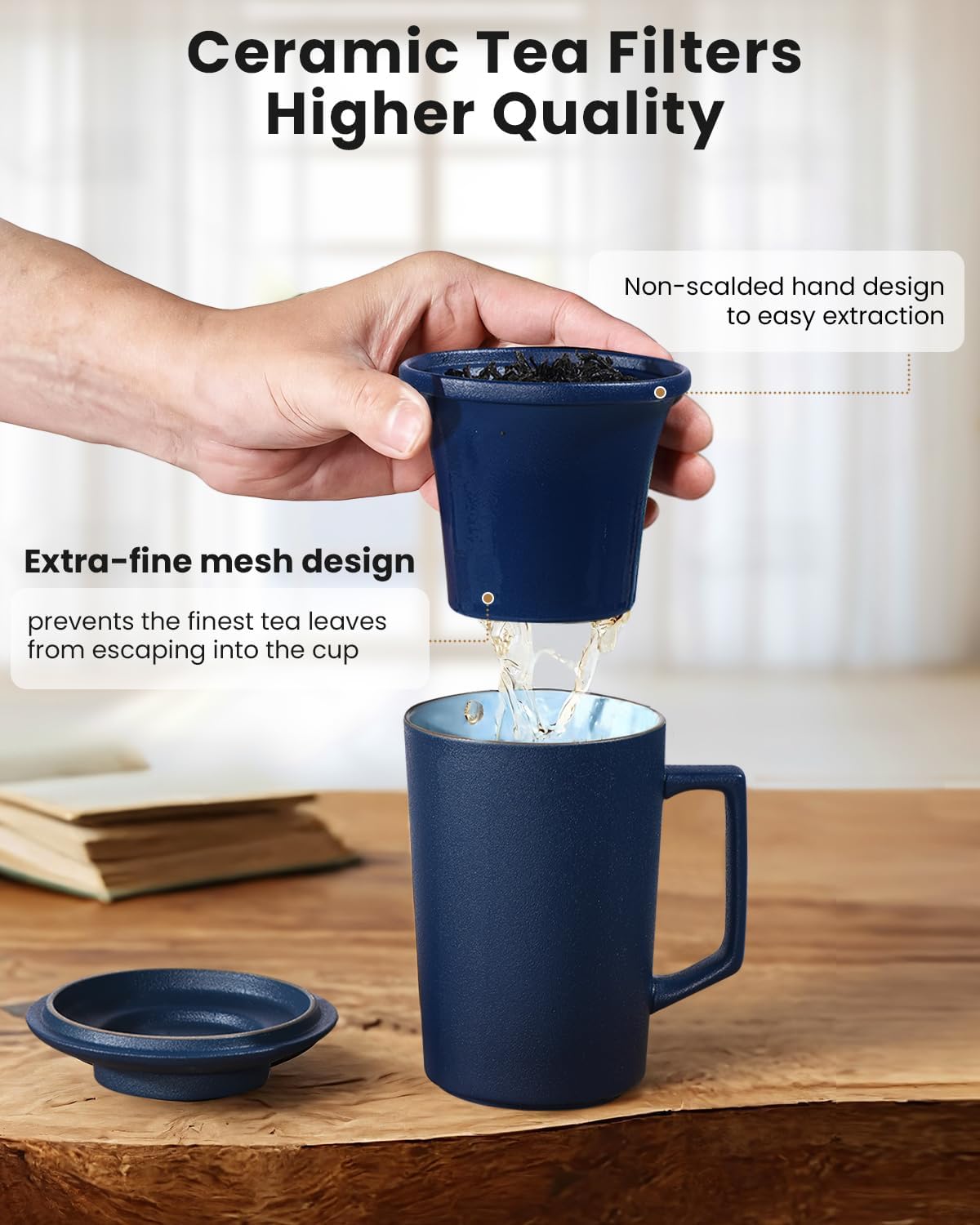 15 oz Ceramic Tea Infuser Cup with Lid - Tea Mug with All Porcelain Strainer for Loose Leaf Teas,Microwave and Dishwasher Safe,Metal-Free,BPA-Free for Tea Lovers/Birthday (Black)
