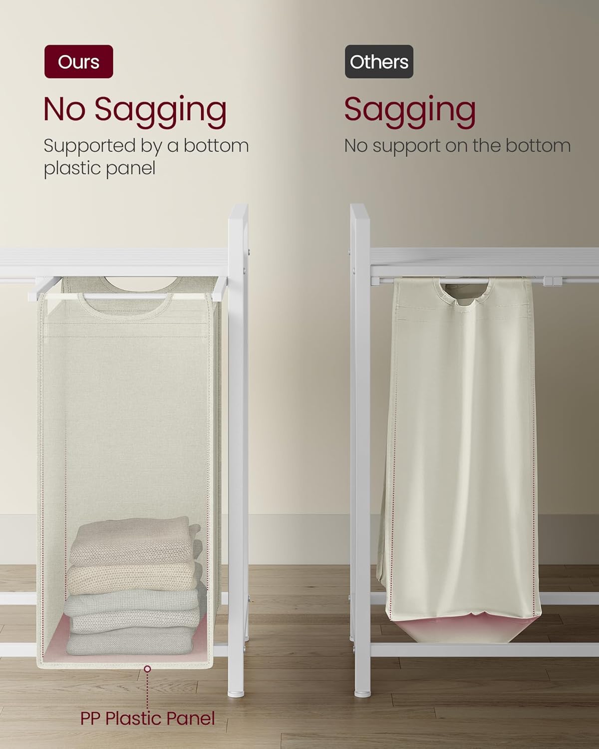 VASAGLE Laundry Hamper, Laundry Basket Sorter with 3 Pull-Out and Removable Bags, Shelf, Metal Frame, 3 x 10.6 Gallons (40 L), 36.4 x 13 x 28.4 Inches, Cappuccino Beige and Natural Beige UBLH301LH01