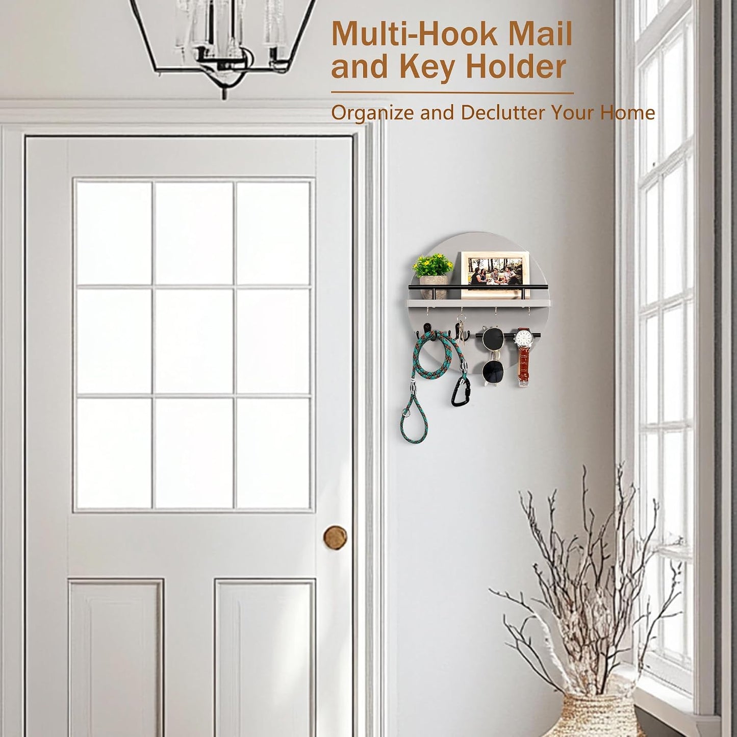 Key Holder for Wall Decorative with Shelf and Hooks, Mail Organizer Wall Mount with Sunglasses Holder, Circular Design Entryway Key Rack Hanger, Rustic Home Decor Boho Wall Decor (White)