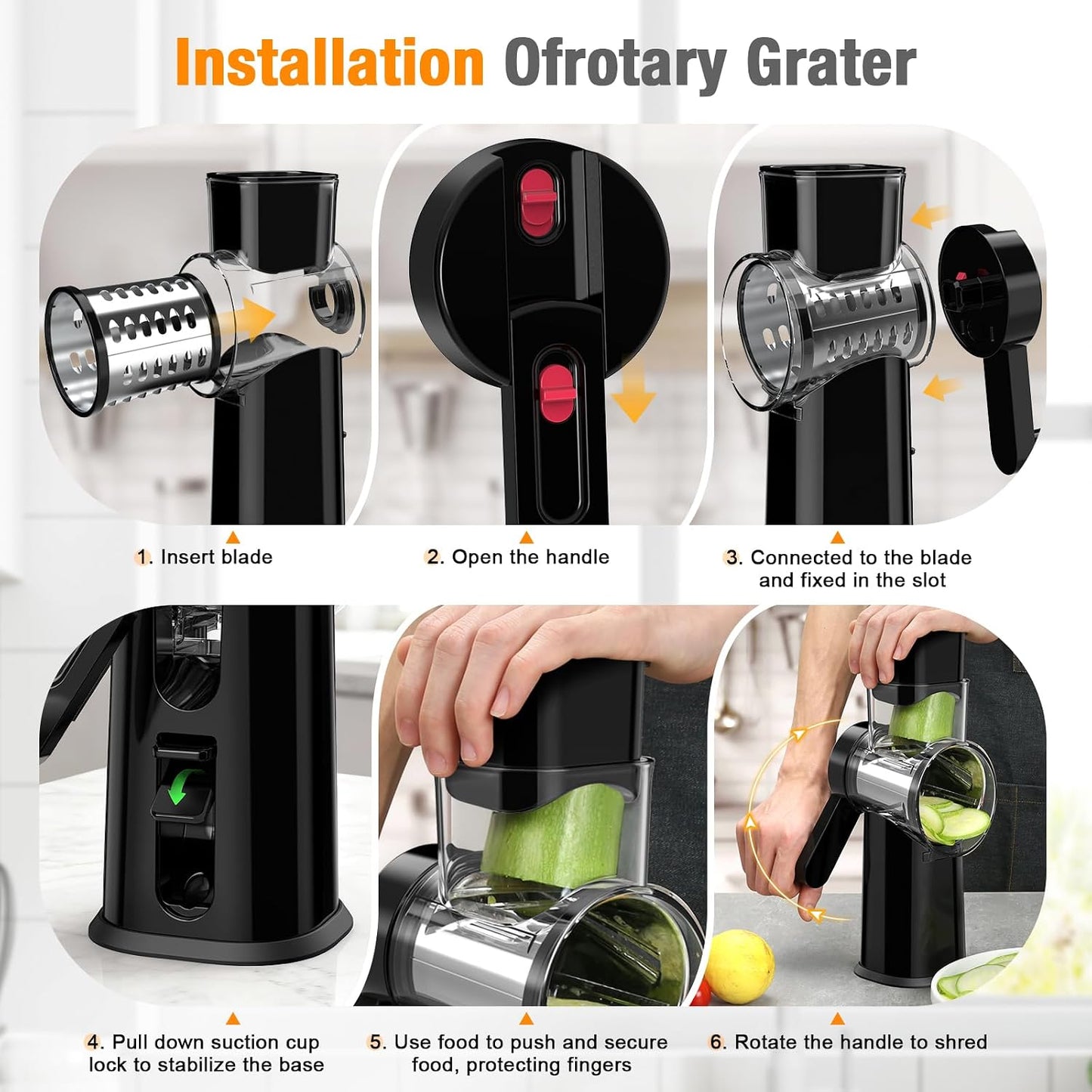 Ibergrif Rotary Cheese Grater Hand Crank– Manual Vegetable Slicer Mandoline with Foldable Handle, Rotary Grader with 3 Interchangeable Blades, Manual Cheese Shredder with Suction Base | 430 Stainless Steel Suction Base Finger Guard BPA Free for Cheese