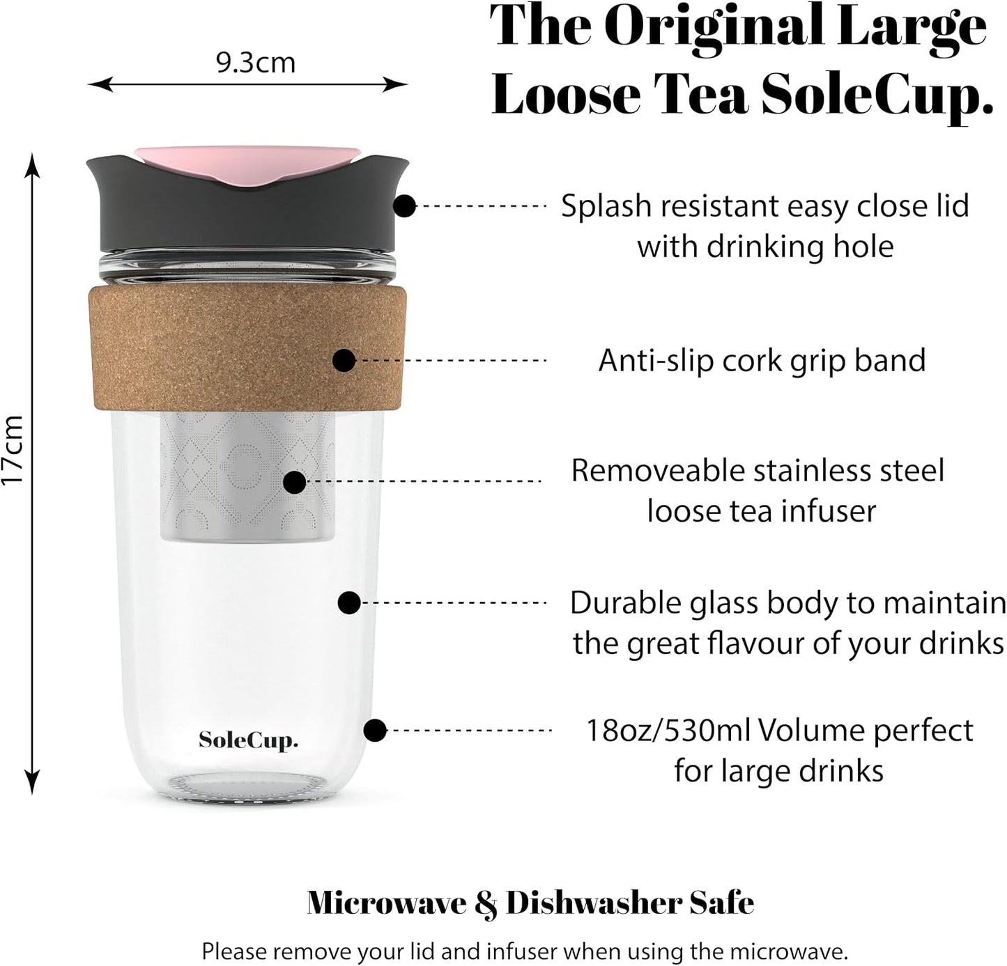Large Travel Mug Loose Tea Infuser - Detachable Tea Strainer with Spill Proof Lid - 18oz/530ml BPA-Free Reusable Glass Travel Coffee Cup with Cork Band (Pink, 18oz)