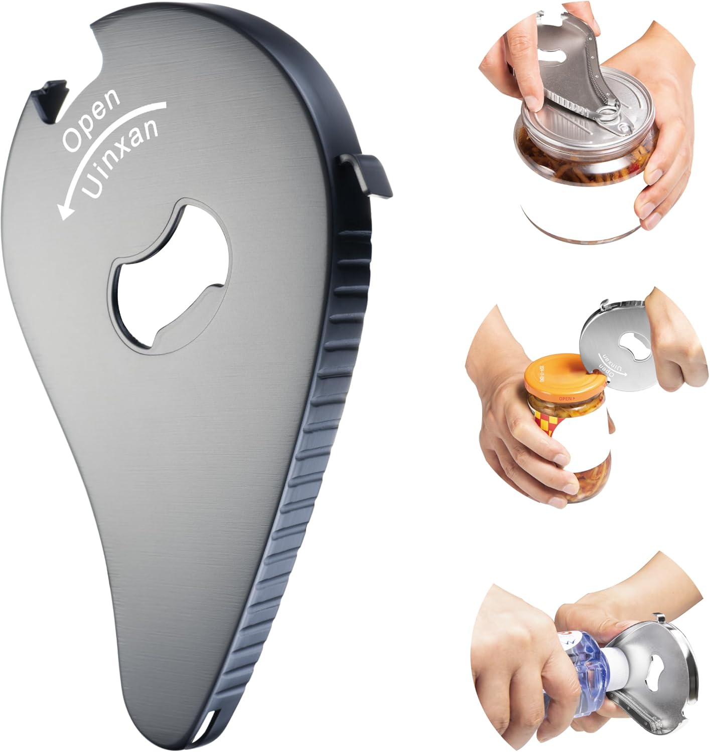 Uinxan 5 in 1 Bottle Opener for Small Jar Lid, Beer, Can Tab, Vacuum Seals | Effortlessly Opens Screw Caps(0.6"-2.7"), Stainless Steel Multi Portable Tool,Ideal for Seniors & Weak Hands (Silver)