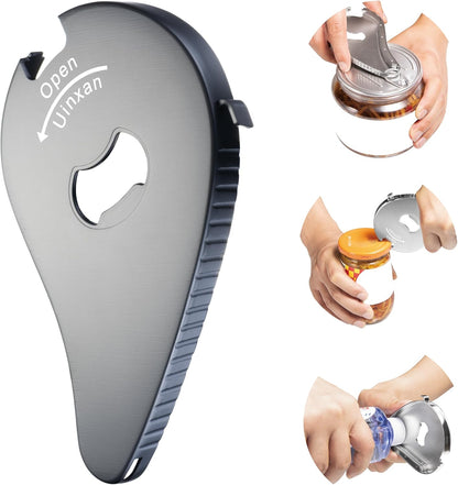 Uinxan 5 in 1 Bottle Opener for Small Jar Lid, Beer, Can Tab, Vacuum Seals | Effortlessly Opens Screw Caps(0.6"-2.7"), Stainless Steel Multi Portable Tool,Ideal for Seniors & Weak Hands (Silver)