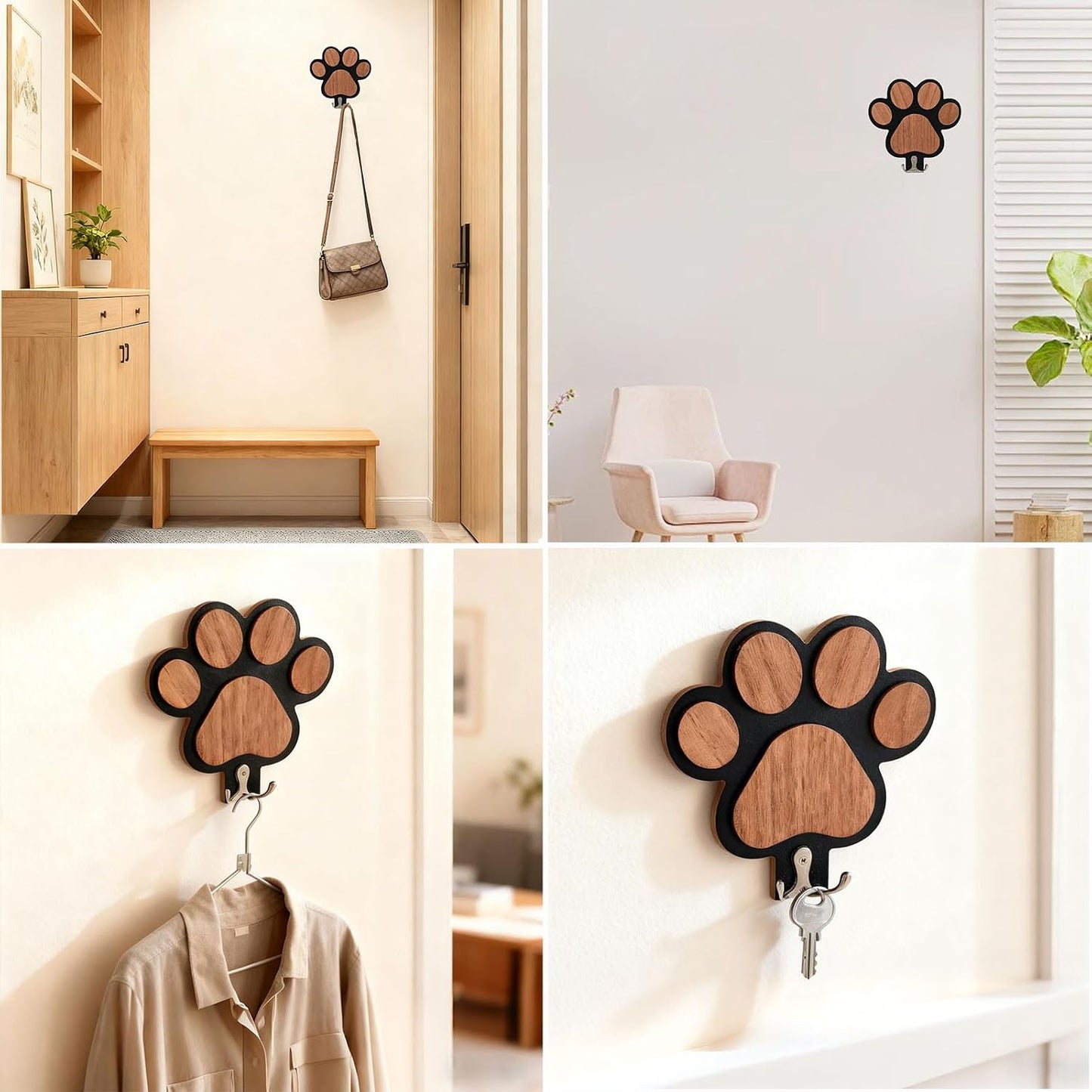 Goodangie00 Wooden Dog Leash Holder Wall Decoration, 3D Dog Paw Harness Wall Mount Hanger Organizer Hooks for Rustic Home Decor, Leashes, Keys, Collars, Hallway, Pet Lover Gift（White）