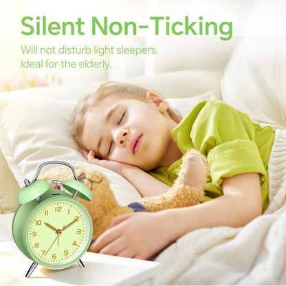 4.5" Metal Loud Alarm Clock for Heavy Sleepers Adults, Analog Battery Operated Alarm Clock with Bells Glow in Dark Numbers, Silent Old School Bedside Desk Clock for Bedroom Office Kids, Black