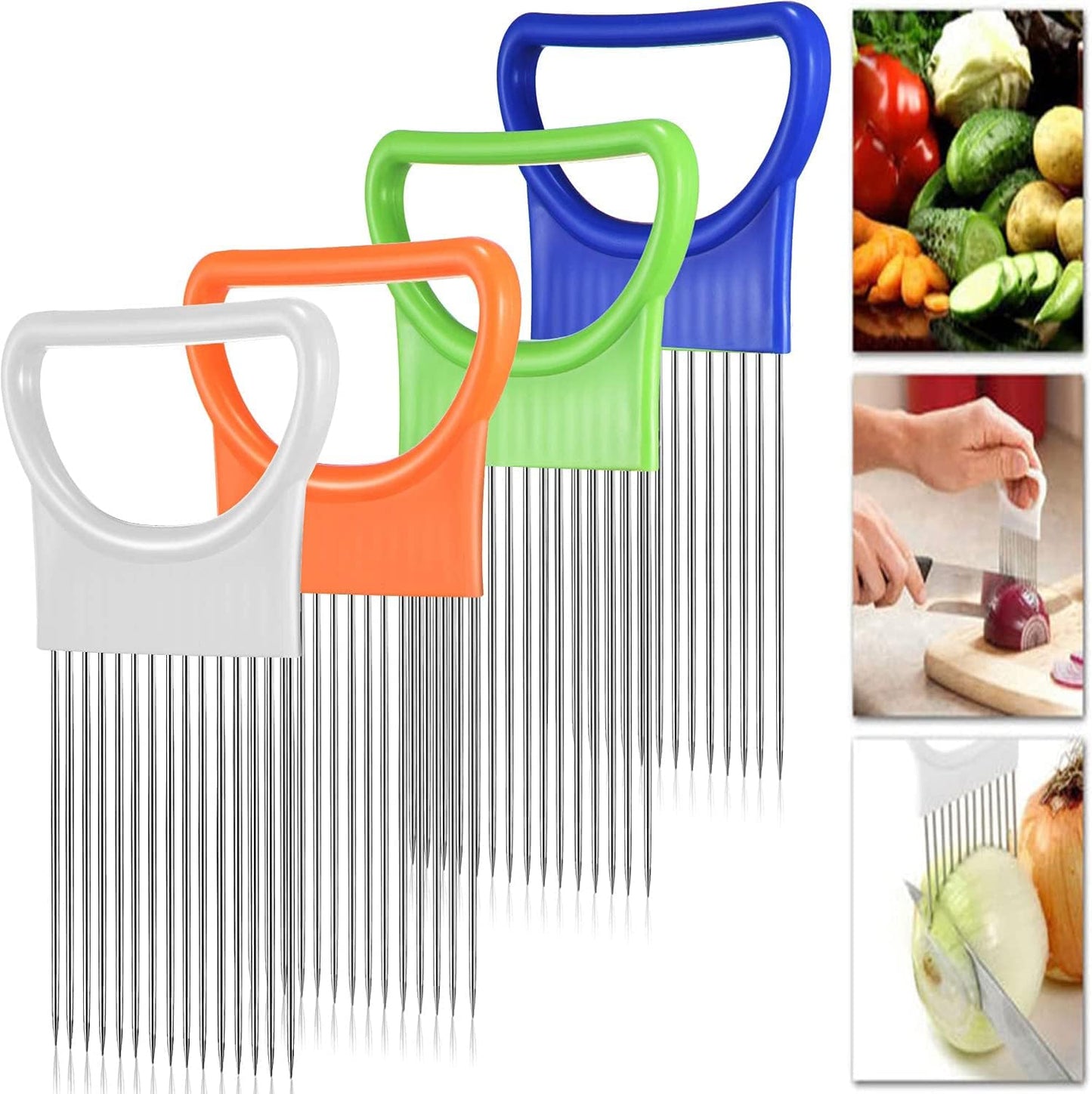 4PCS Onion Holder Slicer Set,Stainless Steel Fruit Tomato Lemon Potato Vegetable Holder Slicer Crinkle Cutter Tool for Kitchen Worker Slicing,Onion Cutter French Fry Cutter,4 Colors