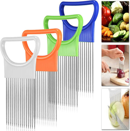 4PCS Onion Holder Slicer Set,Stainless Steel Fruit Tomato Lemon Potato Vegetable Holder Slicer Crinkle Cutter Tool for Kitchen Worker Slicing,Onion Cutter French Fry Cutter,4 Colors