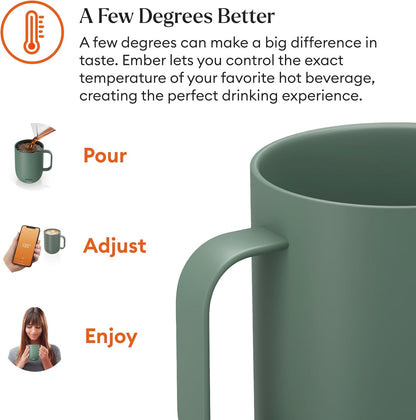 Ember Temperature Control 14oz Smart Mug 2, App-Controlled and Rechargeable Heated Coffee Cup Warmer with Intelligent LED Display, Sage Green.