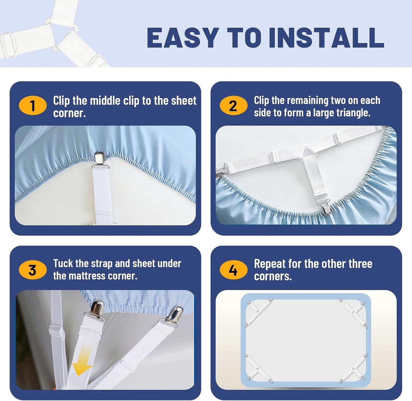Adjustable Bed Sheet Straps, Elastic Fasteners with Metal Clips, Fitted Sheet Corner Holder Straps that Stay in Place, Firm Tight Mattress Suspenders (Triangle White 4Pcs)