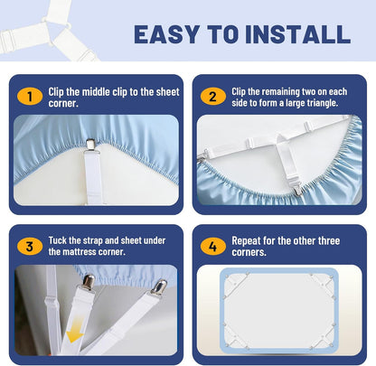 Adjustable Bed Sheet Straps, Elastic Fasteners with Metal Clips, Fitted Sheet Corner Holder Straps that Stay in Place, Firm Tight Mattress Suspenders (Triangle White 4Pcs)