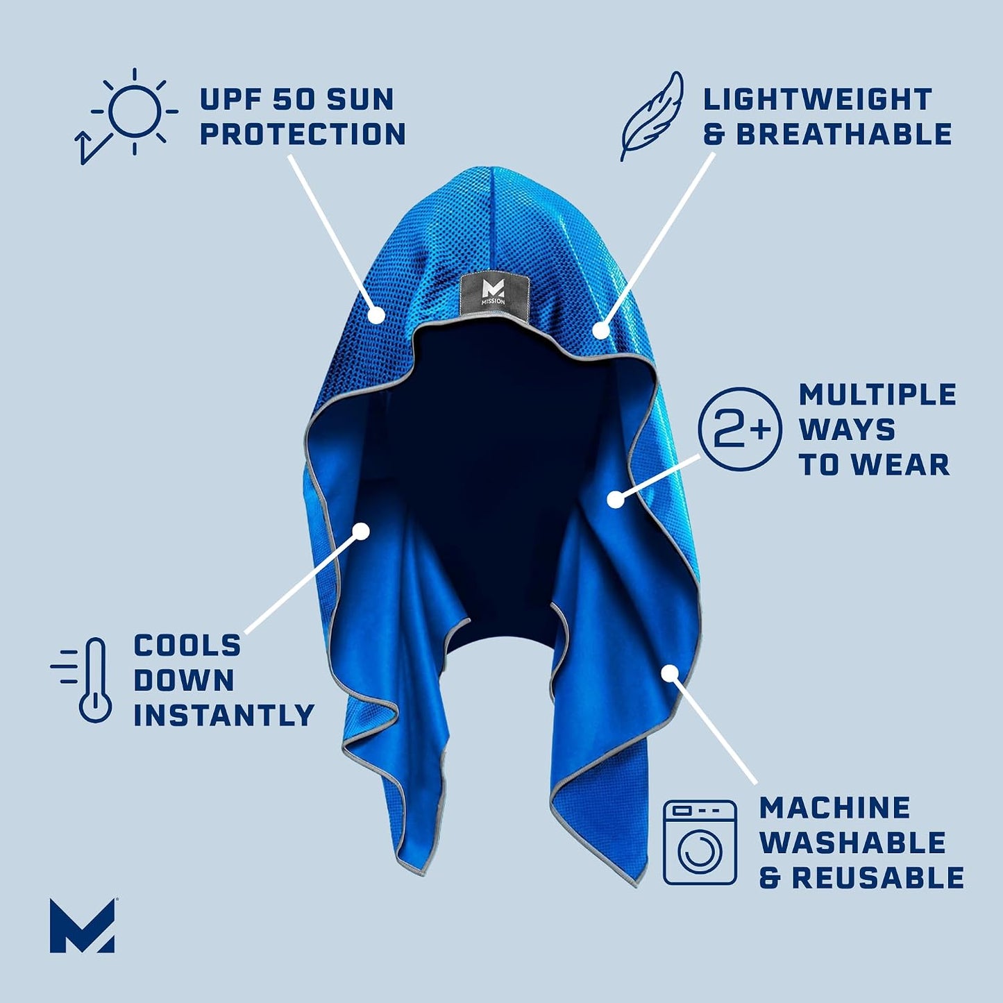MISSION Cooling Hoodie Towel, Evaporative Cool Technology, Cools Instantly When Wet, UPF 50 Sun Protection, Contours Your Head to Stay in Place, Great for Sports, Fitness, Gym