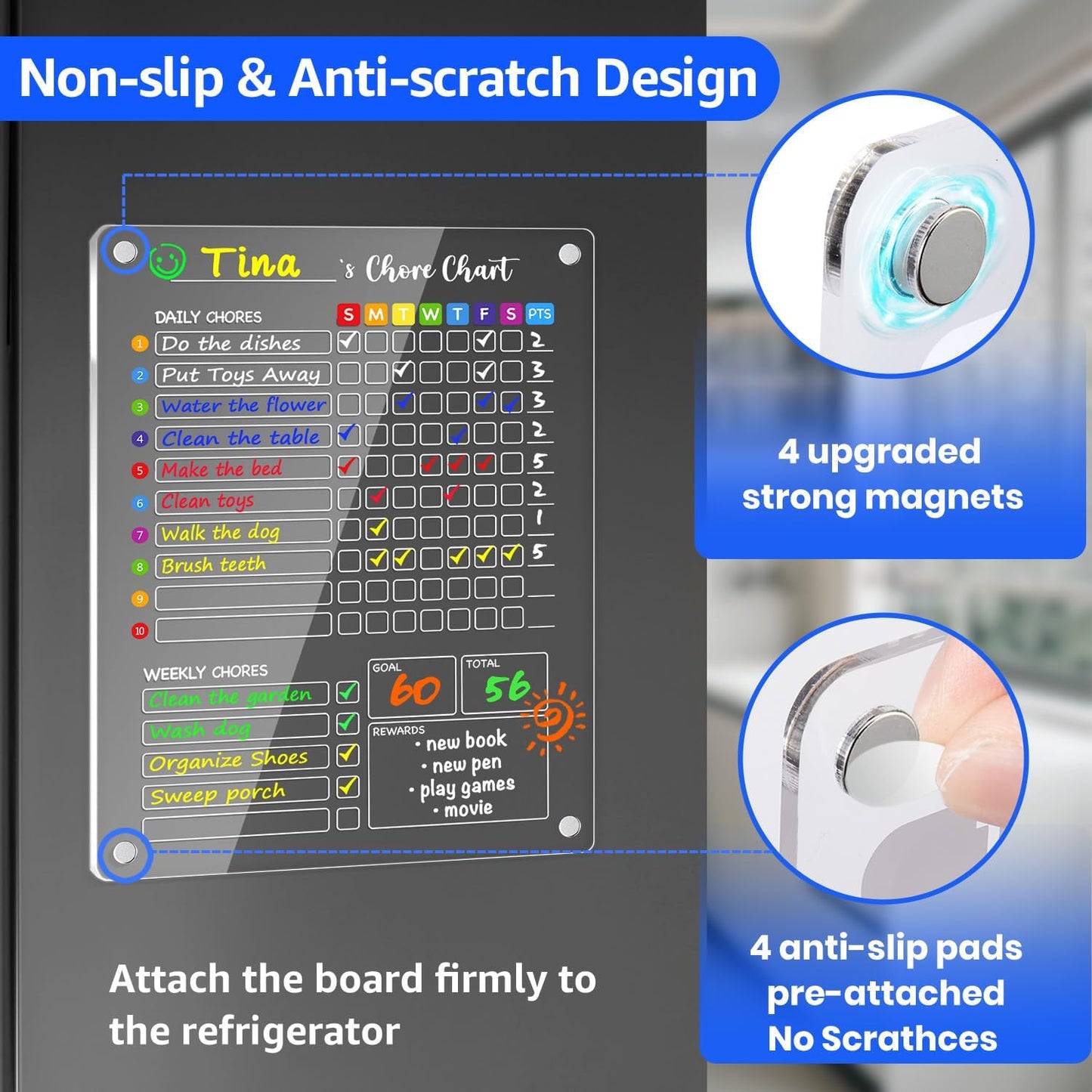 PigPotParty 2-in-1 Acrylic Magnetic Chore Chart for 2 Kids, Large 16x12 in | Clear Dry Erase Fridge Chore Board for Teens, Roommates; Vibrant Layout; Embedded Magnets; 12 Wet-Erase Markers and Towel