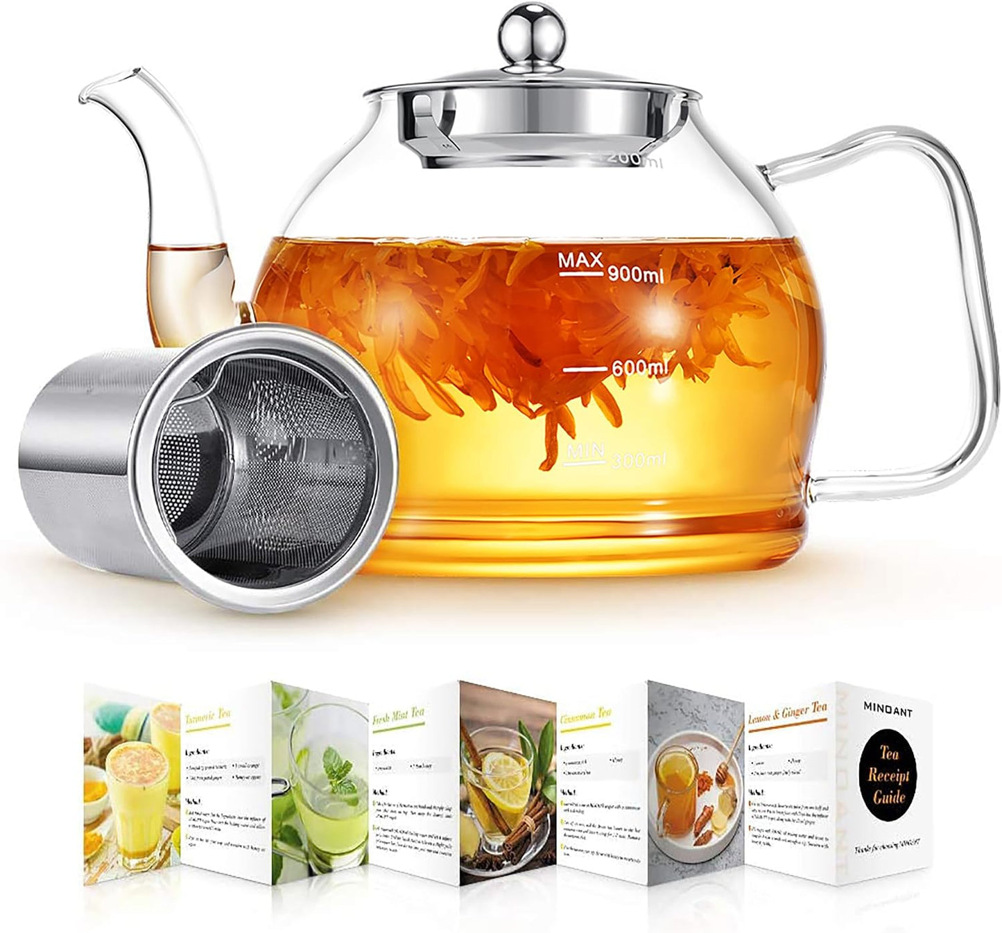 Glass Teapot, 40oz/1200ml Tea Pot with Removable Infuser for Loose Tea | Stovetop Safe Borosilicate Glass Tea Kettle with Strainer and Lid, Hand Crafted Clear Teapot with Scale Line,Tea Brewer Guide