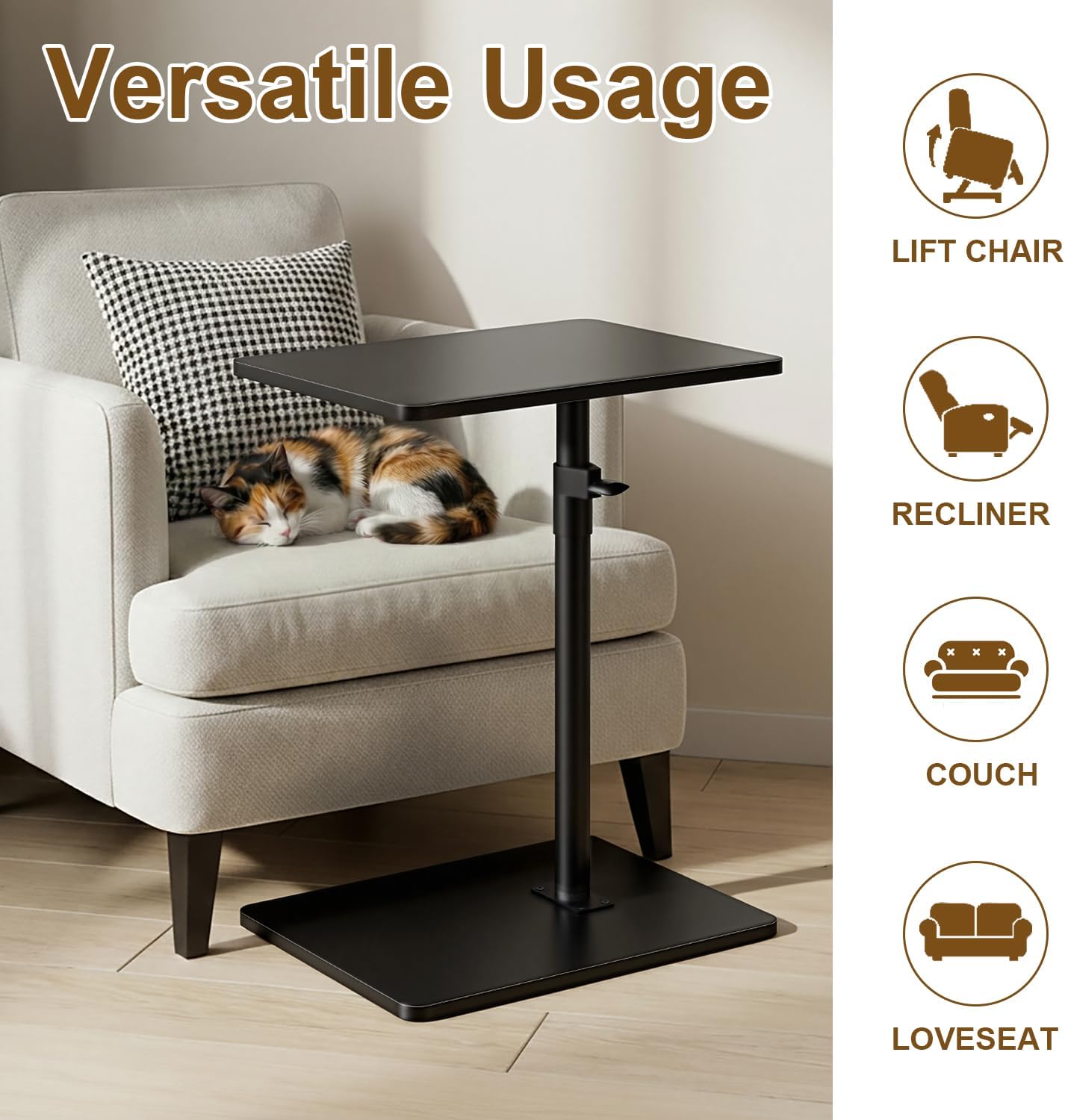 YUHFERA Sofa Armrest Tray Table for Couch - 360° Swivel Height Adjustable End for Small Spaces, Snack Side Table for Bed or Chair with Phone & Tablet Slot (Rustic,Standard)