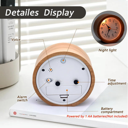 4'' Natural Wooden Analog Alarm Clock with Soft Night Light - Battery Operated Non-Ticking Silent Tabletop Minimalist Desk & Bedside Clock for Bedrooms Living Room Home Office Decor