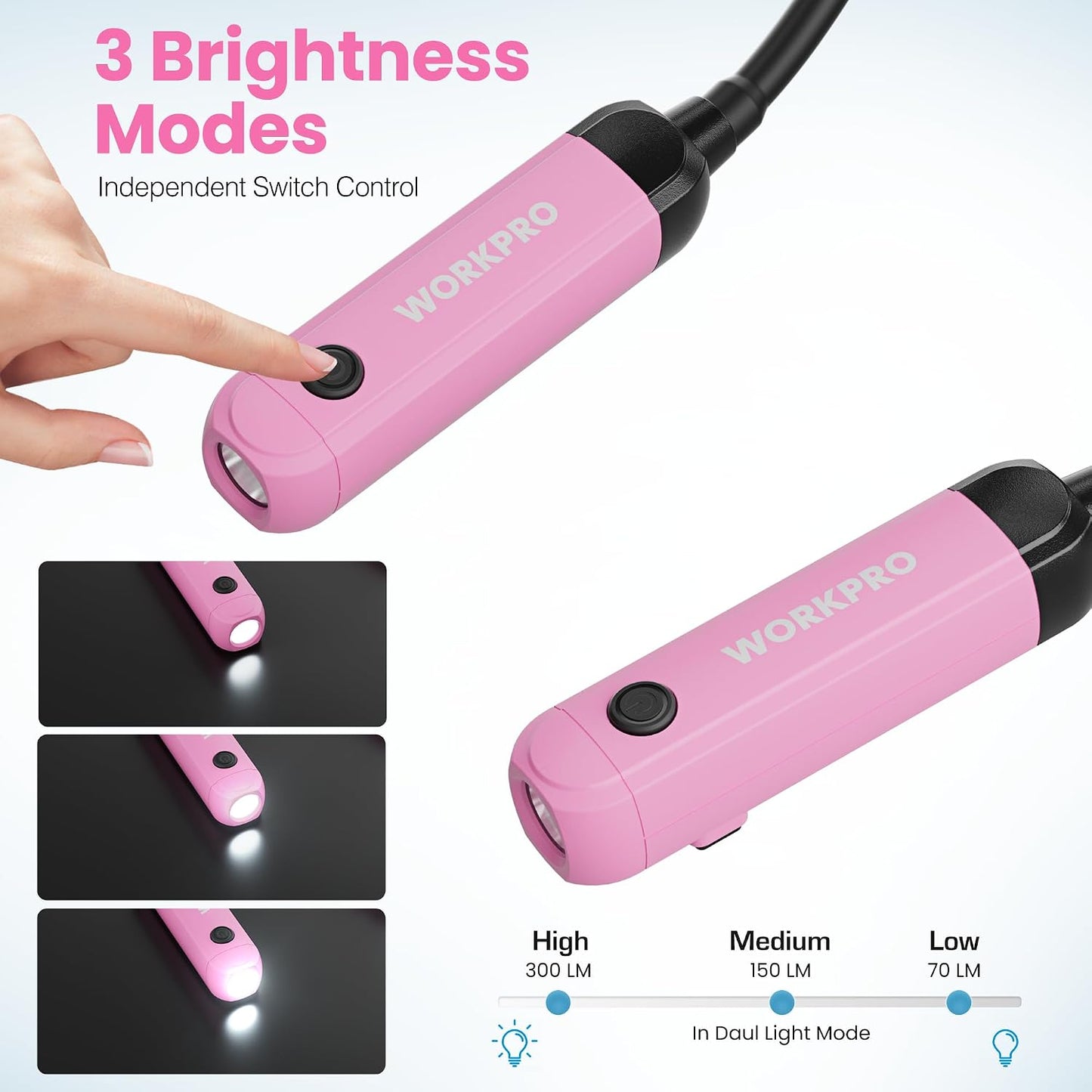 WORKPRO Rechargeable Neck Light, 3 Brightness Hands-Free Neck Work Light | Hands-Free Bendable Silicone Arm, Neck Flashlight Lamp, for Mechanics, Camping, DIY Projects, Crafting, Blue and Black