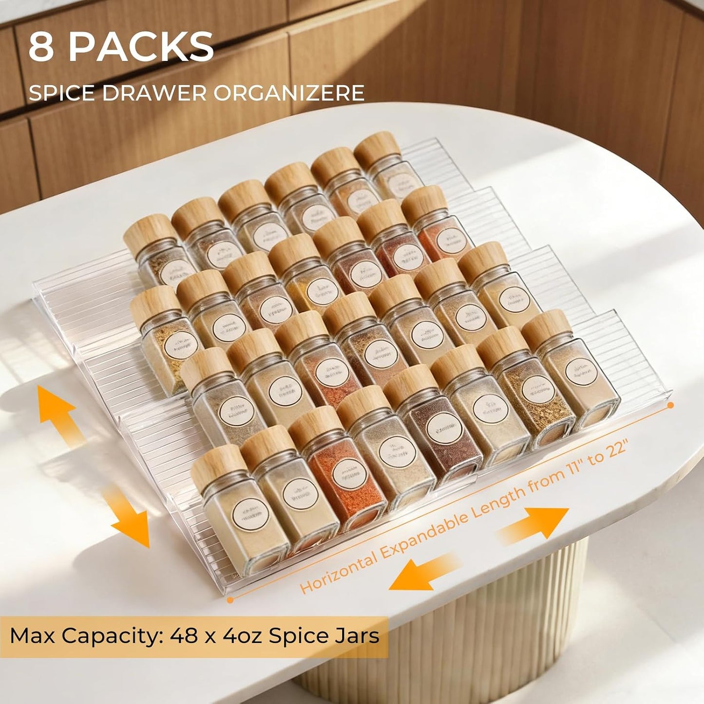 UFORU Acrylic Drawer Spice Organizer 4 Pack,Expandable 11‑22" Tray | Clear Tiered Spice Rack for Drawer,Seasoning Organizer,Hold Up to 24 Standard Spice Jars,No Assembly,Jars Not Included
